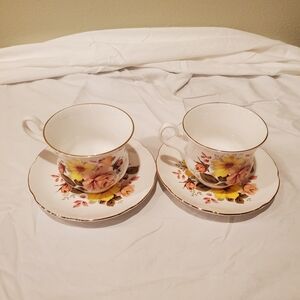 Vintage Pair of Royal Grafton Fine Bone China Floral Teacup and Saucer Sets
